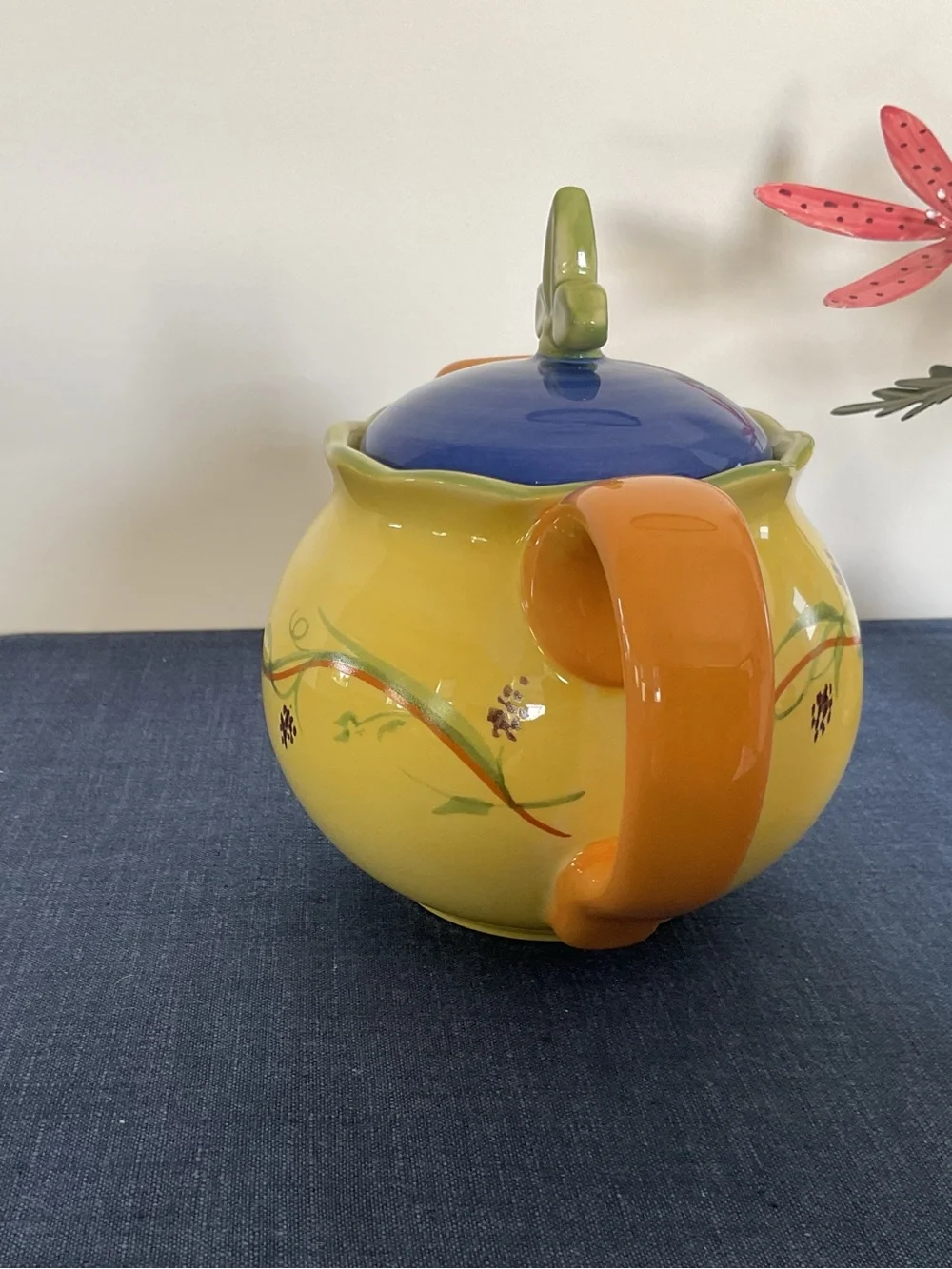 Discontinued Pfaltzgraff Pistoulet by Jane Koplen Ceramic Teapot with Blue Lid